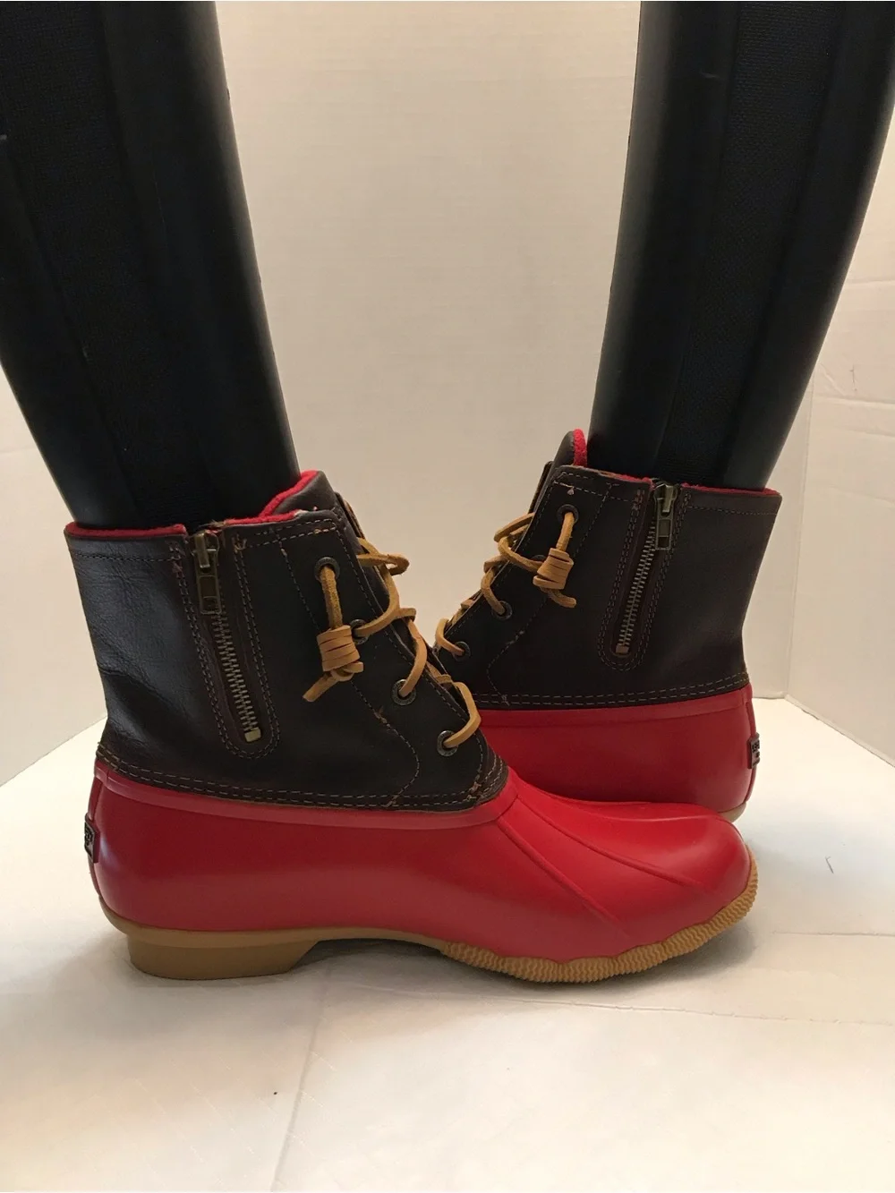 Sperry Red and Brown Waterproof Lace-Up Rain Boots